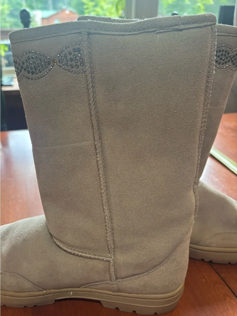 Women's Beige Suede Winter Boots with Crystal Trim